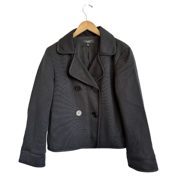 Talbots Black Pea Coat Double Breasted Textured Ridged Fully Lined Size 14 - Picture 8 of 14